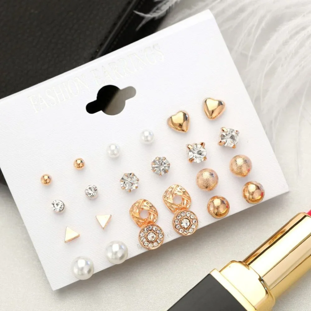 😍12 PAIR 14K GOLD SILVER SIMPLE CLASSIC CRYSTAL PEARL SPARK STUD EARRINGS, F273 - Picture 10 of 12